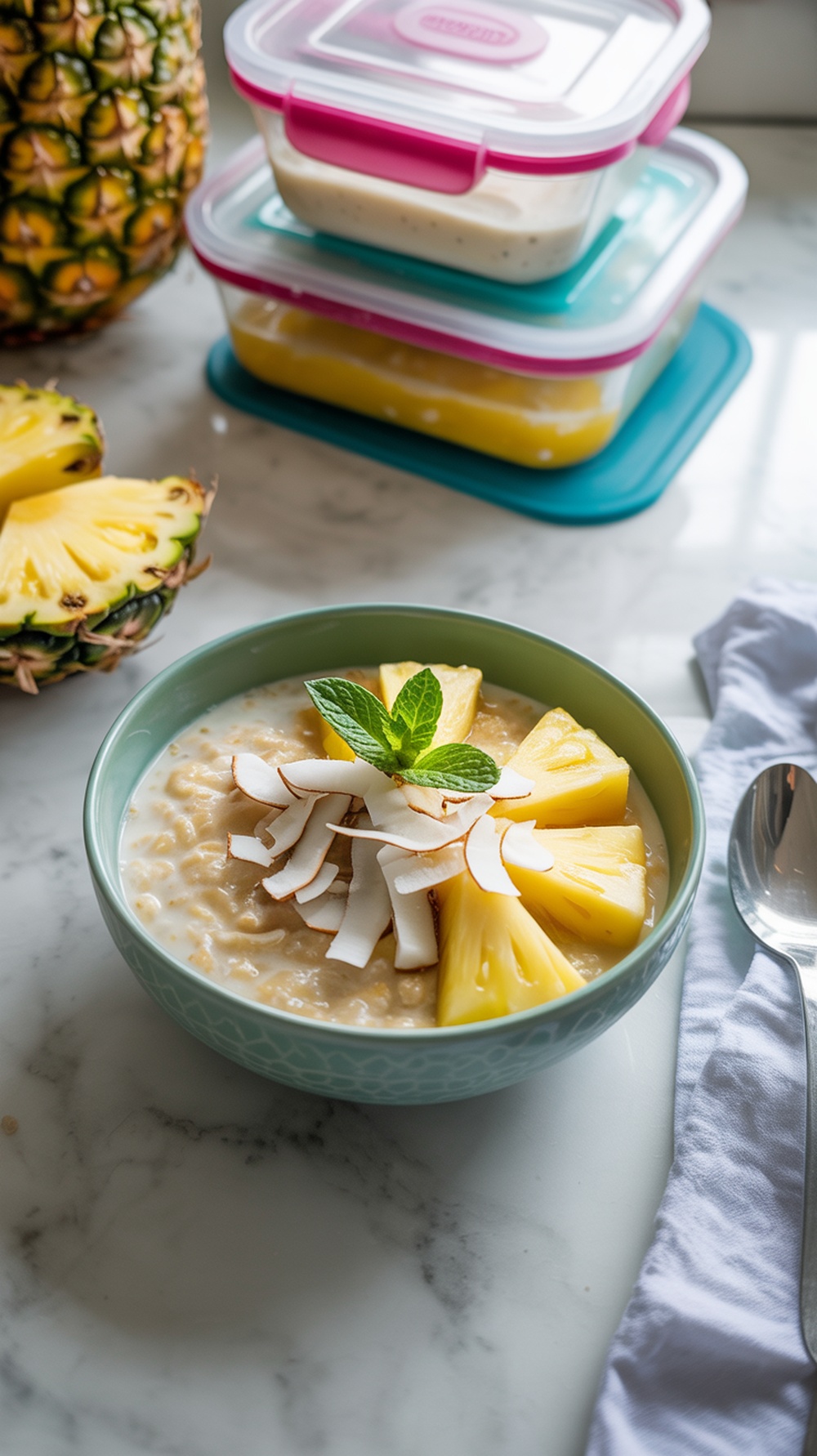 Bowl of Piña Colada High Protein Overnight Oats topped with pineapple and coconut flakes, with containers in the background.