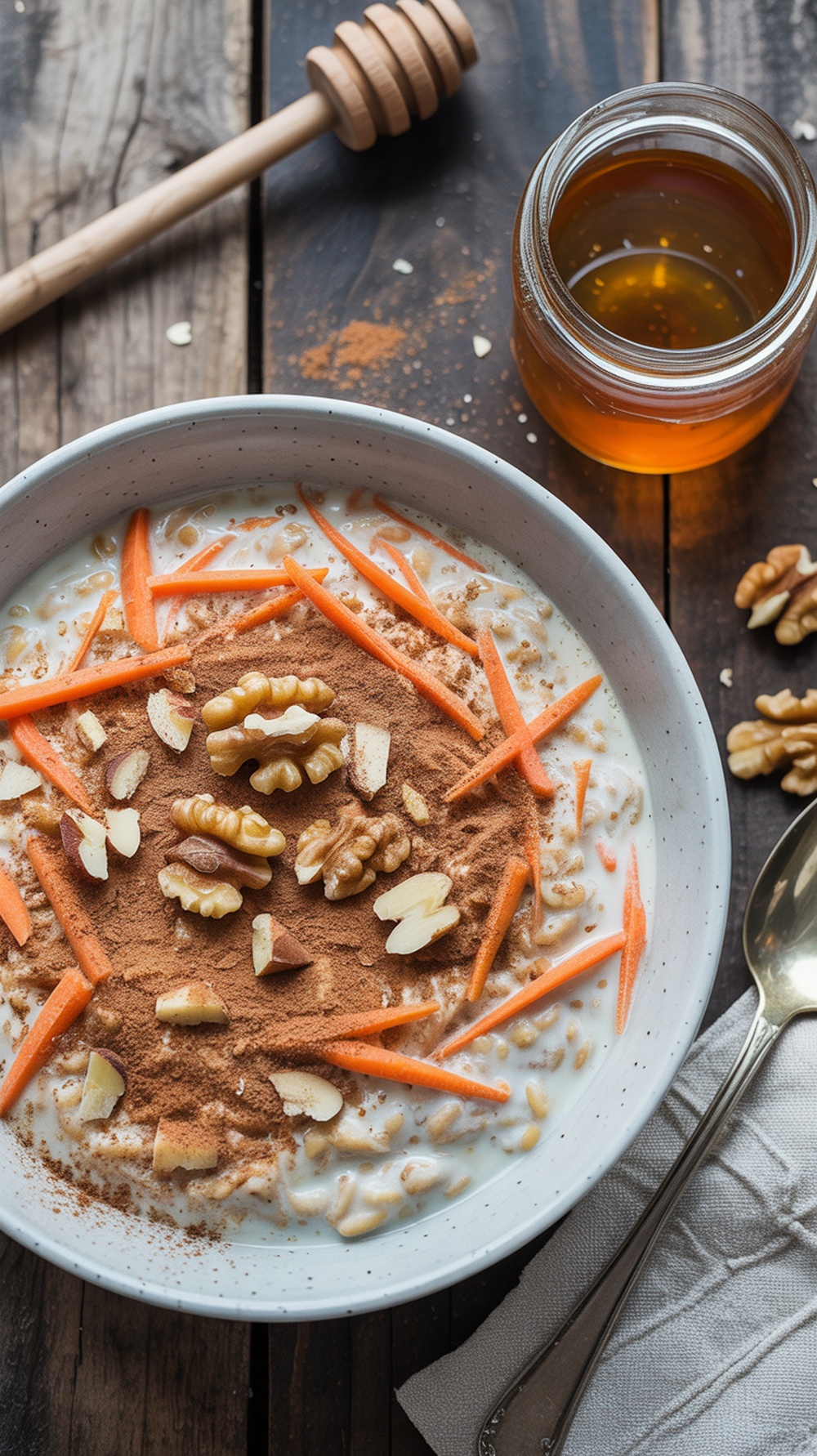 Bowl of carrot cake overnight oats topped with carrot strips, walnuts, and cinnamon.