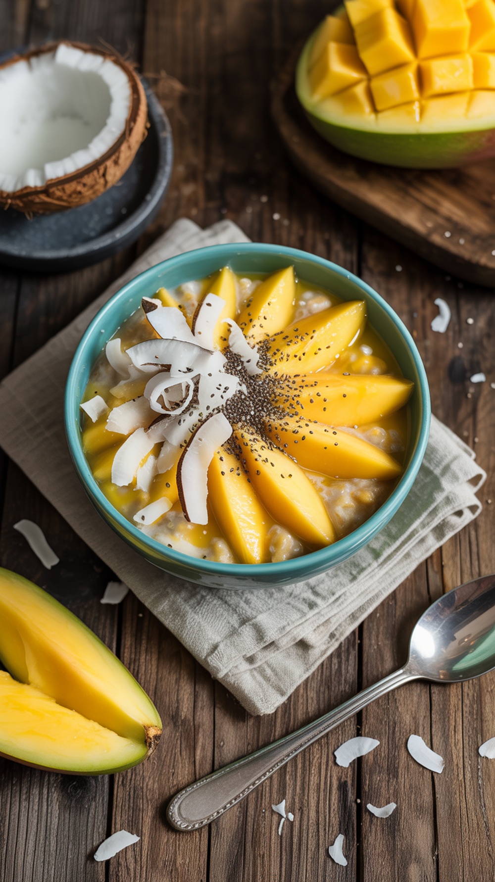 A bowl of Mango Coconut High Protein Overnight Oats topped with mango slices, coconut flakes, and chia seeds, with a coconut shell and mango slices in the background.