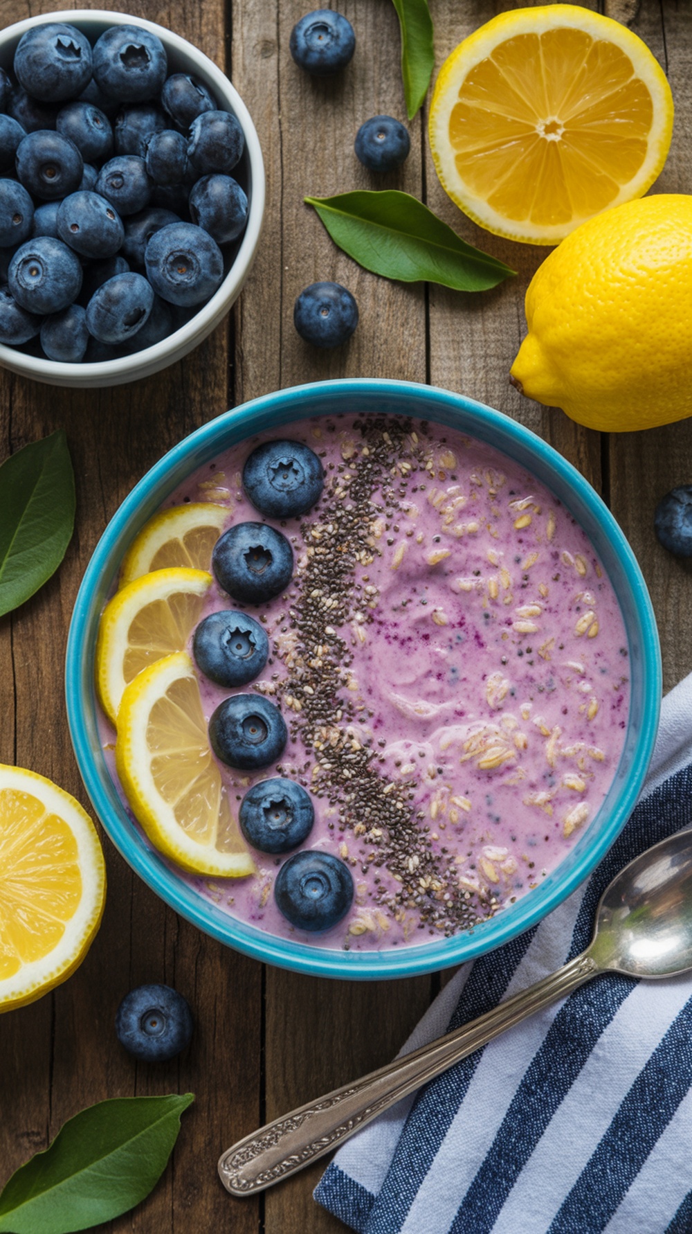A bowl of Lemon Blueberry High Protein Overnight Oats topped with blueberries, lemon slices, and chia seeds, surrounded by fresh blueberries and lemons on a wooden table.
